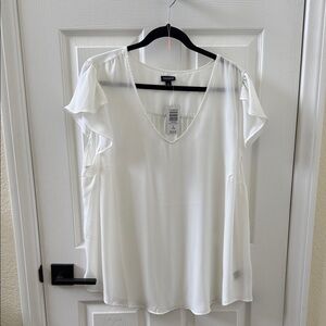 Torrid White V-Neck Blouse with Ruffle Sleeves